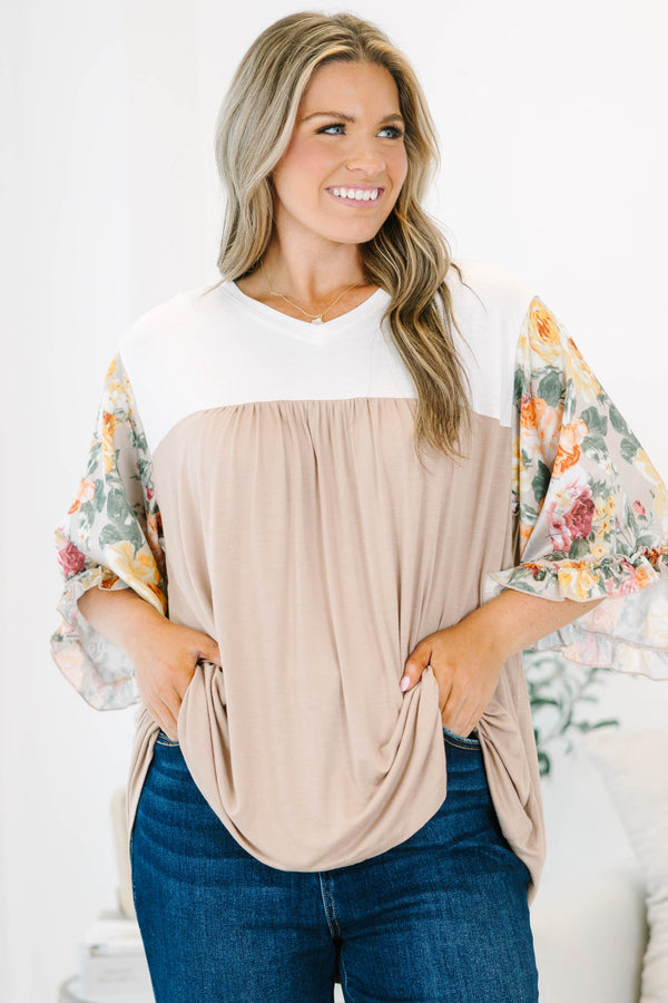 Chic Soul plus size clothing, taupe babydoll top with floral three-quarter sleeves and white top section with slight v neck