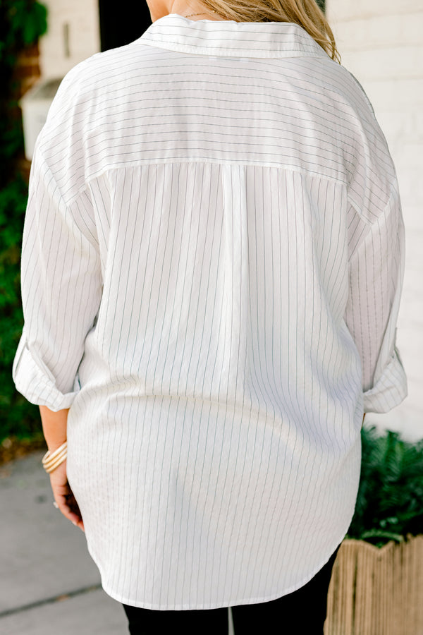 Chic Soul plus size clothing, white pinstriped button-up collared shirt with rolled button-tab sleeves and pocket on front