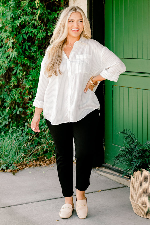 Chic Soul plus size clothing, white pinstriped button-up collared shirt with rolled button-tab sleeves and pocket on front