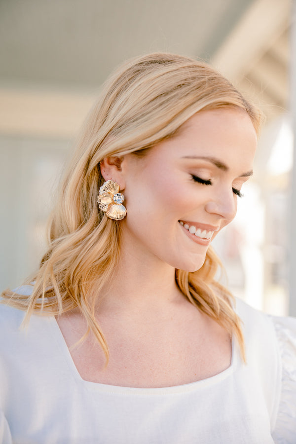 Chic Soul plus size clothing, gold flare petal design flower earrings with diamond in the middle