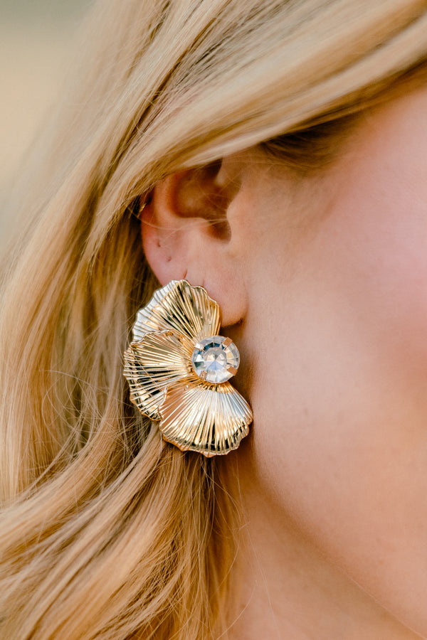 Chic Soul plus size clothing, gold flare petal design flower earrings with diamond in the middle