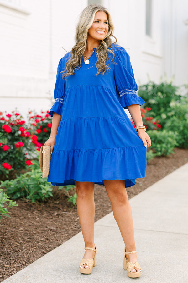 Chic Soul plus size clothing, cobalt blue babydoll dress with long sleeves and bell sleeves