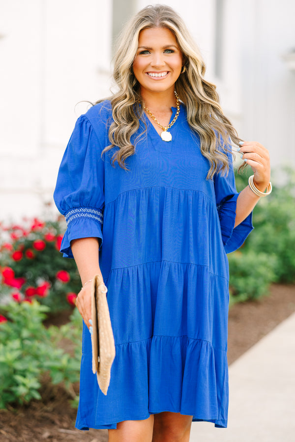 Chic Soul plus size clothing, cobalt blue babydoll dress with long sleeves and bell sleeves