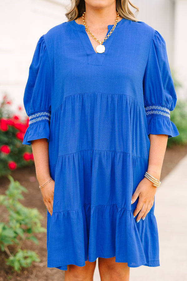 Chic Soul plus size clothing, cobalt blue babydoll dress with long sleeves and bell sleeves