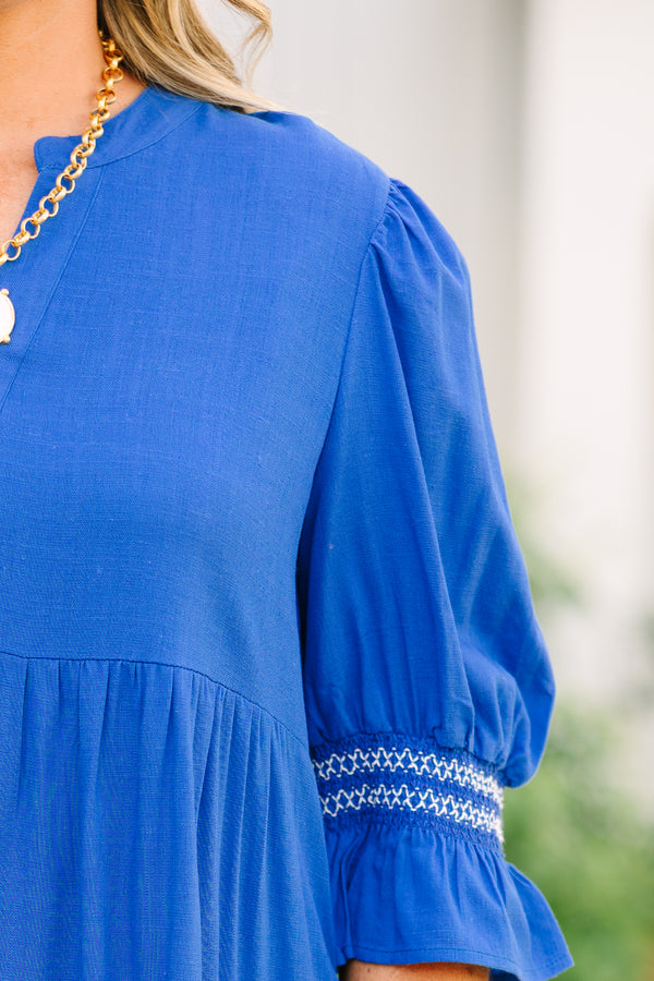 Chic Soul plus size clothing, cobalt blue babydoll dress with long sleeves and bell sleeves