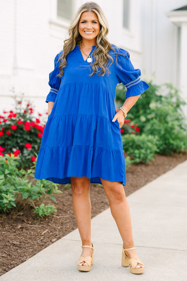 Chic Soul plus size clothing, cobalt blue babydoll dress with long sleeves and bell sleeves