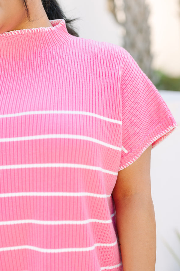 Chic Soul plus size clothing, hot pink short sleeve turtle neck sweater with thin white horizontal stripes