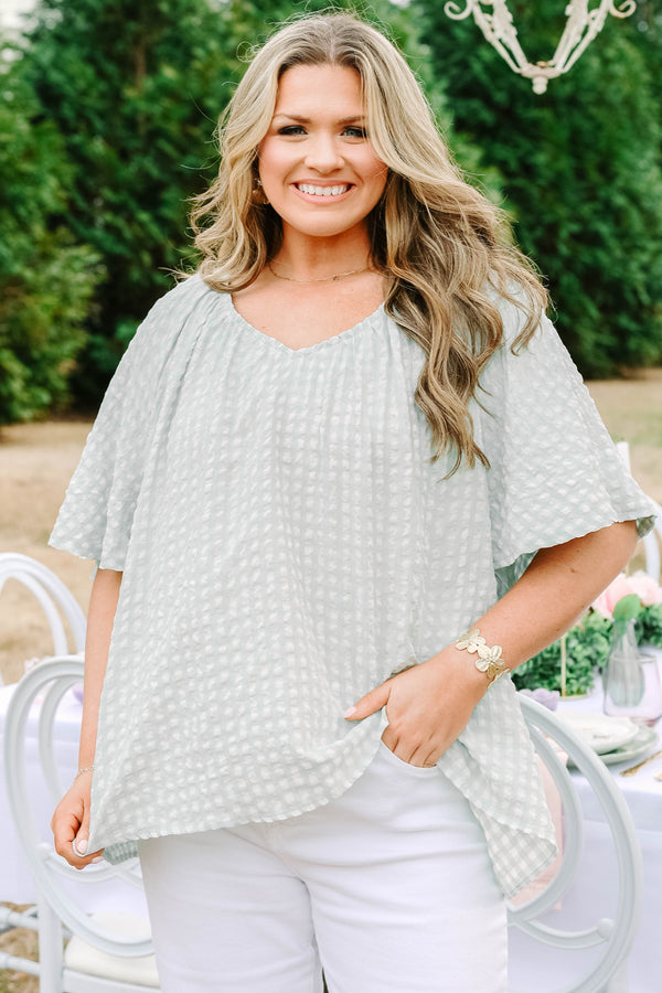Chic Soul plus size clothing, teal and white gingham print short bell sleeve v neck babydoll top