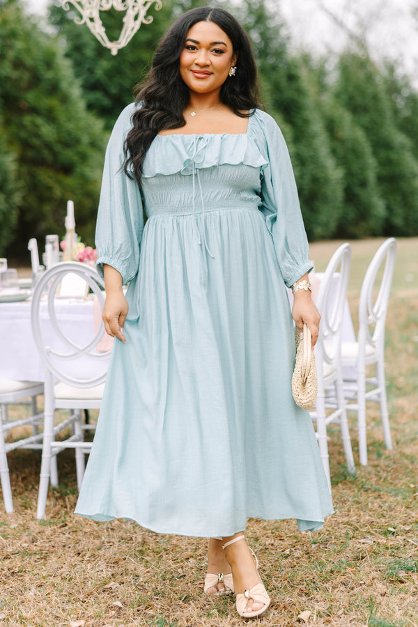 Chic Soul plus size clothing, light blue long sleeve square neck maxi dress with ruffles along the top and a cinching along the chest