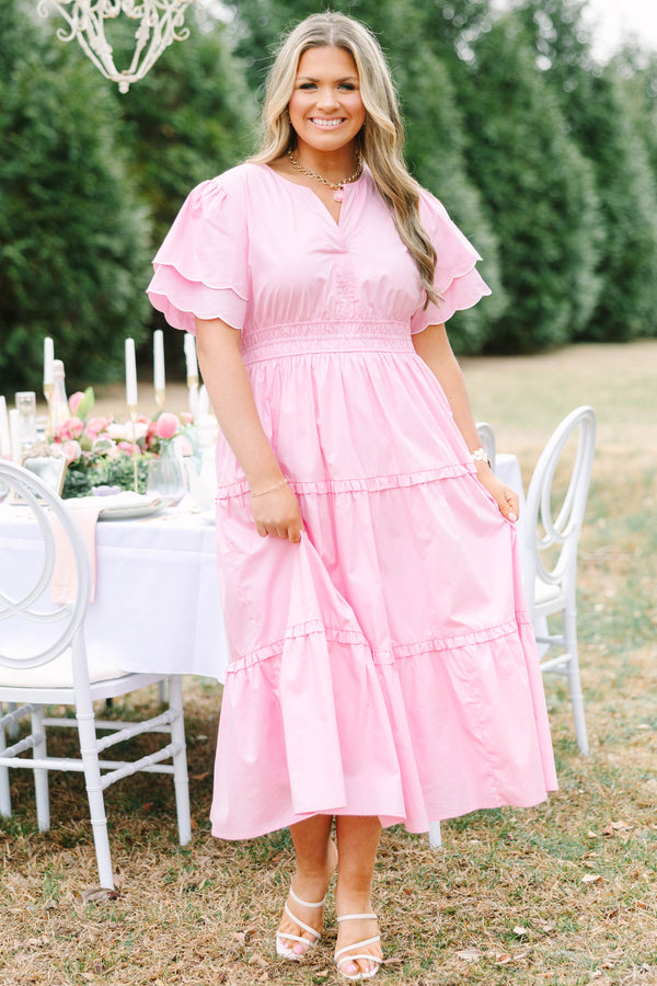Chic Soul plus size clothing, pink tiered maxi dress with a slight v-neckline a sinched waistband and flutter sleeves that have a scalloped layered detail 
