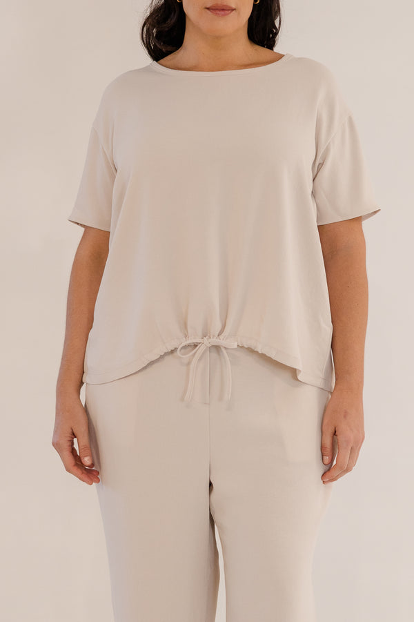 Chic Soul plus size clothing, stone short sleeve front tie top with cinched detail on bottom with tie detail