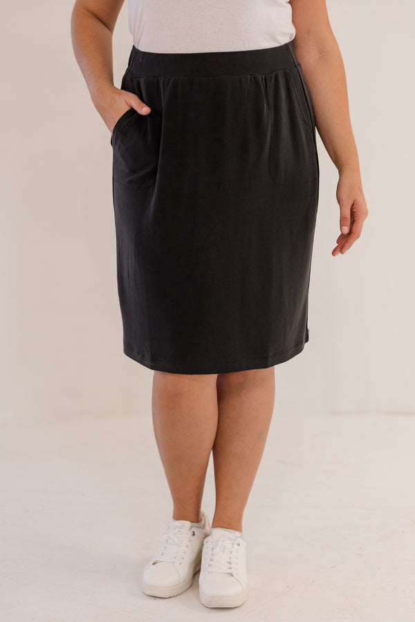 Chic Soul plus size clothing, black knee length a-line skirt with elastic waistband and side pockets