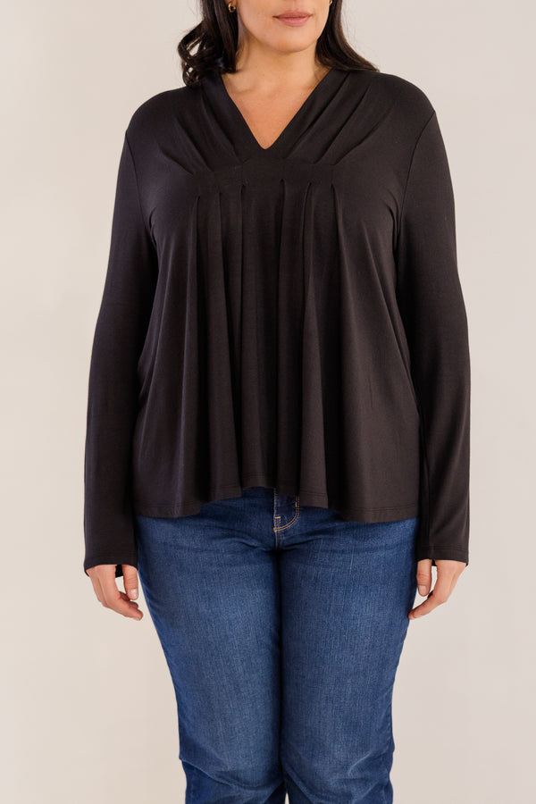 Chic Soul plus size clothing, black long sleeve flowy top with v neckline and pleated detail in front