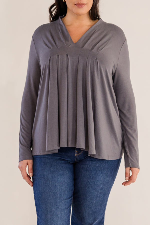 Chic Soul plus size clothing, castle rock grey long sleeve flowy top with v neckline and pleated detail in front