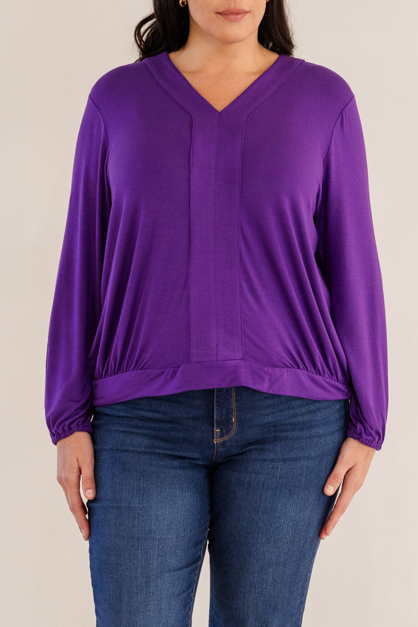 Chic Soul plus size clothing, petunia deep purple long sleeve top with v neckline with cuffed sleeves