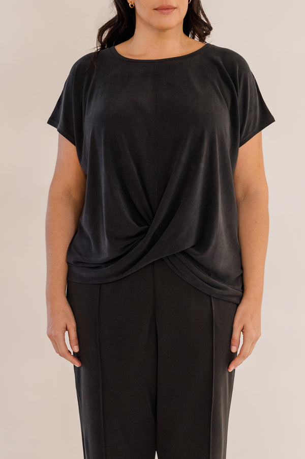 Chic Soul plus size clothing, black short sleeve flowy top with cross front detail with round neckline