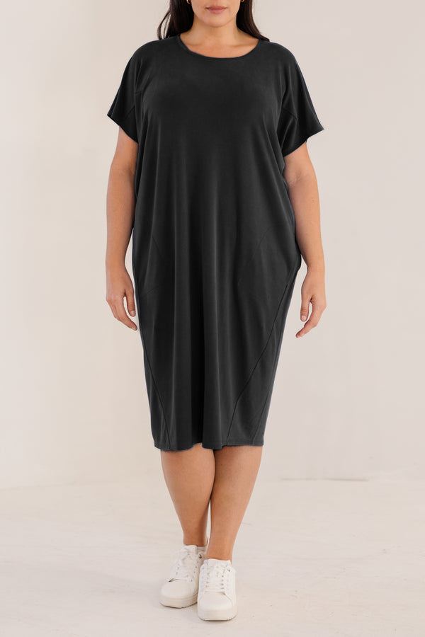 Chic Soul plus size clothing, soft stretchy black short sleeve knee length dress with round neckline