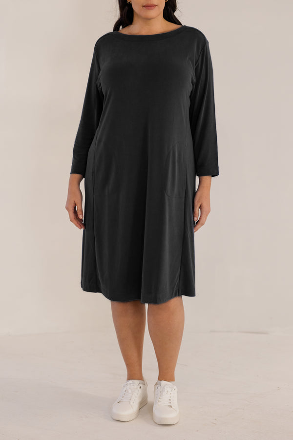 Chic Soul plus size clothing, black solid long sleeve knee length dress with boatneck line with pockets