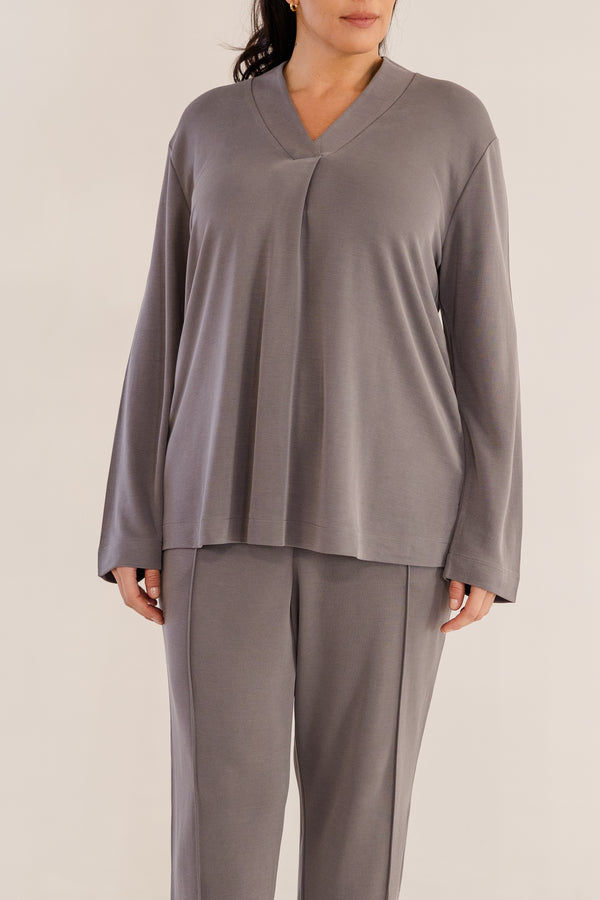 Chic Soul plus size clothing, castle rock grey v neck a-line long sleeve flowy top