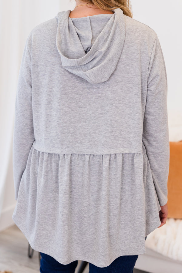 Chic Soul Plus Size Clothing, gray babydoll hoodie with white drawstrings