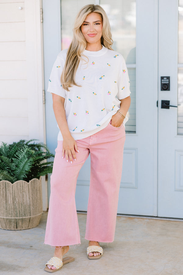 Chic Soul plus size clothing, white knit short sleeve top with small embroidered floral pattern