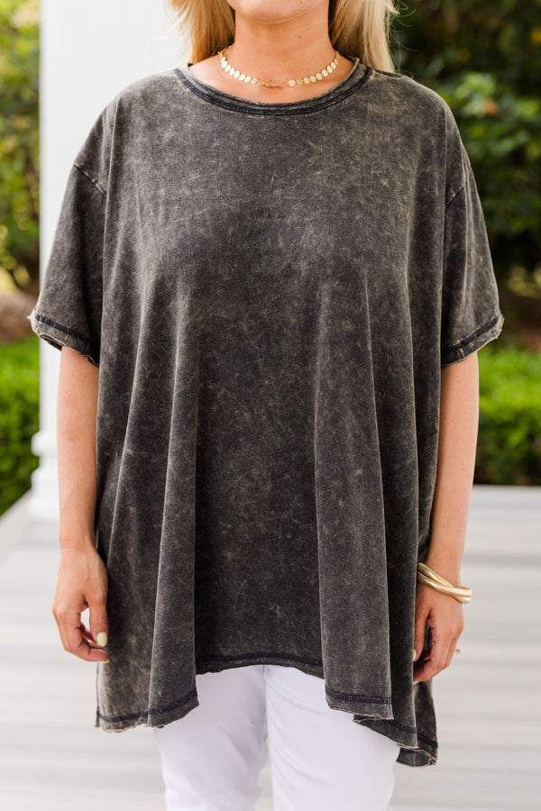 Plus Size black acid wash tunic with a high-low hem and unfinished seam details.