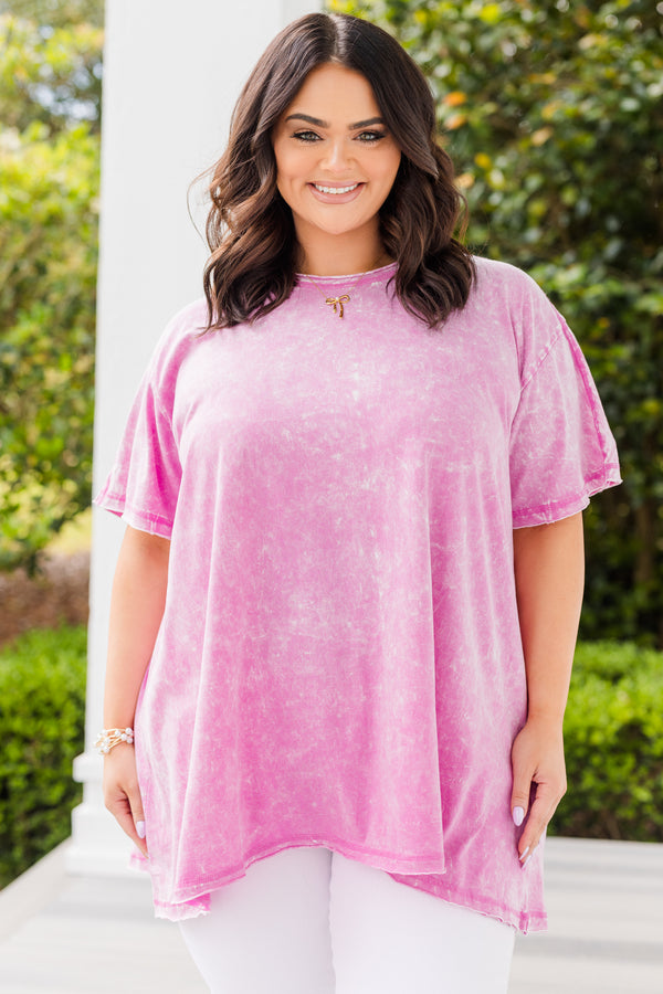 Chic Soul plus size clothing, acid wash fuchsia pink short sleeve crewneck tunic tee