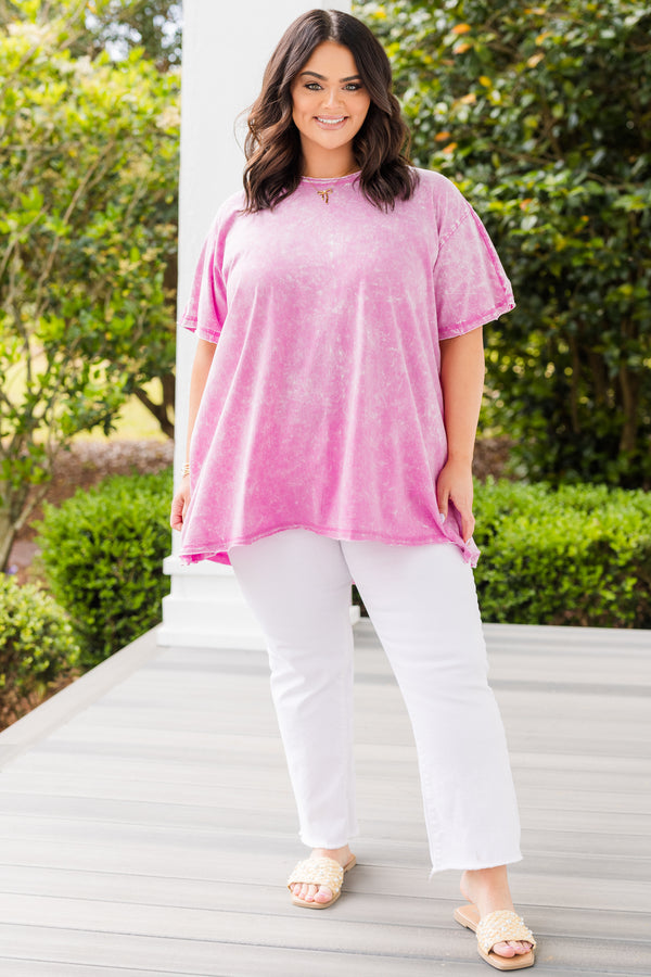 Chic Soul plus size clothing, acid wash fuchsia pink short sleeve crewneck tunic tee