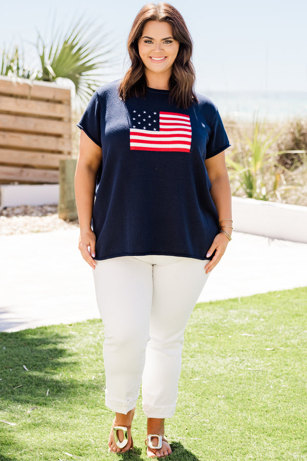 Chic Soul plus size clothing, navy short sleeve sweater with an American flag graphic on the front 