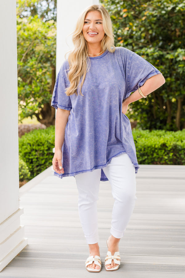 Chic Soul plus size clothing, marlin blue short sleeve tunic with round neckline and acid washed detail