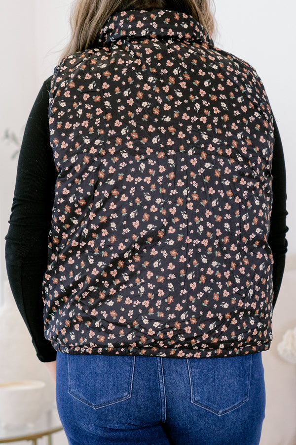 Chic soul plus size clothing, black sleeveless vest with floral detailing