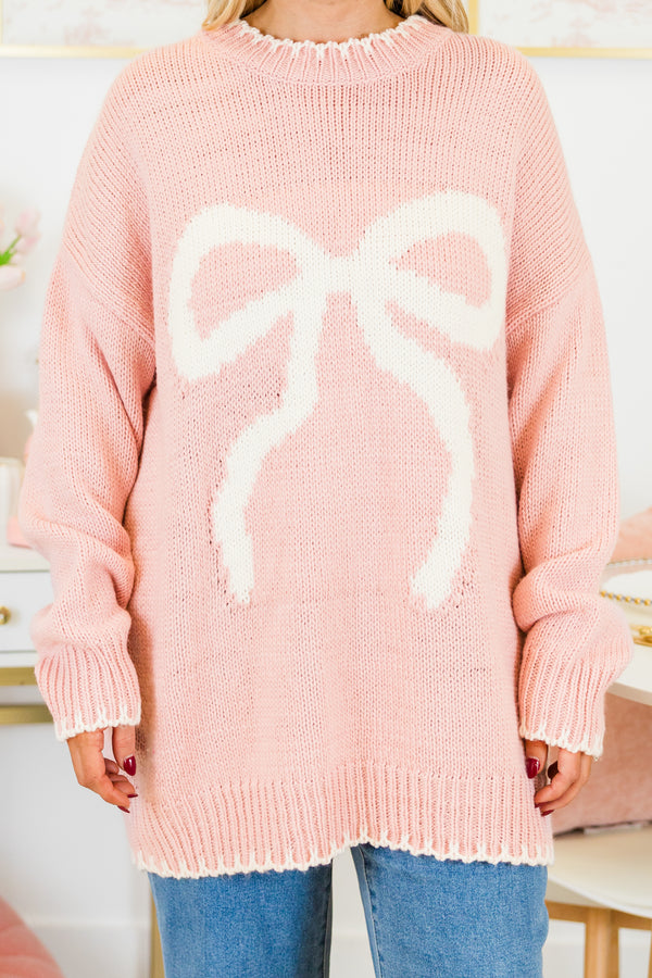 Chic Soul plus size clothing, pink knit sweater with white bow 
