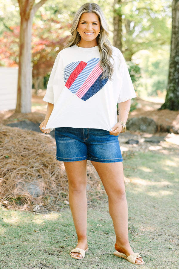 Chic Soul plus size clothing, white tee with patriotic patchwork heart on front