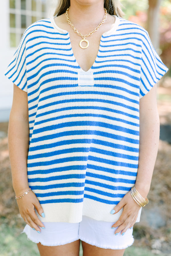 Plus Size blue and white horizontal striped short-sleeve knit sweater with a V-neckline.