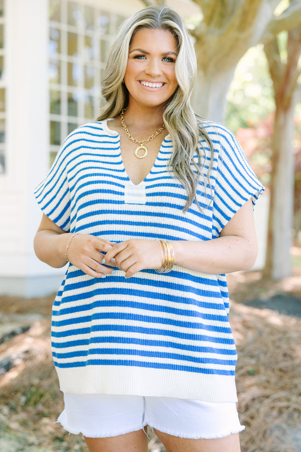 Plus Size blue and white horizontal striped short-sleeve knit sweater with a V-neckline.
