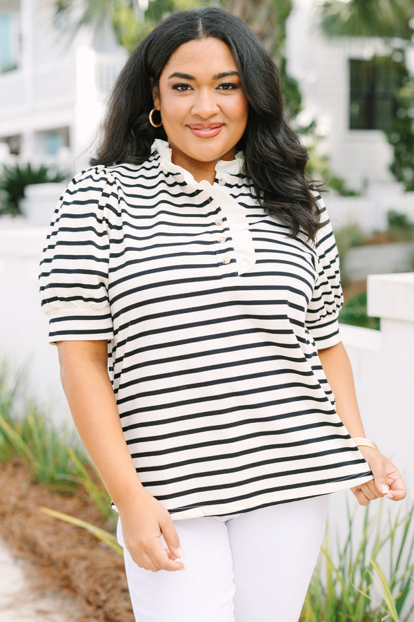 Chic Soul plus size clothing, black and white horizontal striped short puff sleeve top with 1/4 button up ruffle collar