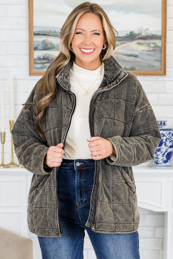 Chic Soul plus size clothing, long-sleeve washed black quilted collared zip-up jacket 