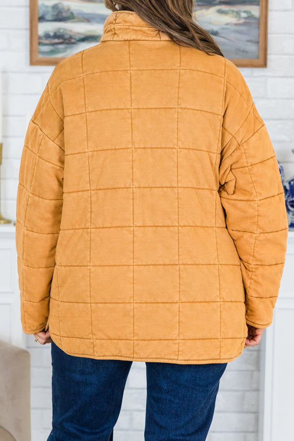 Chic Soul plus size clothing, taupe brown long sleeve quilted zip up jacket with collar detail and side pockets with silver hardware