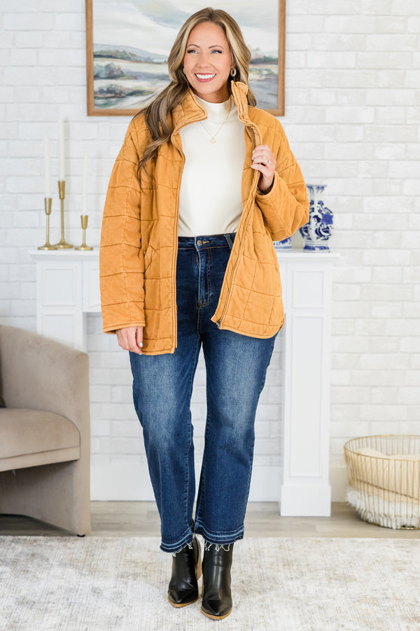Chic Soul plus size clothing, taupe brown long sleeve quilted zip up jacket with collar detail and side pockets with silver hardware