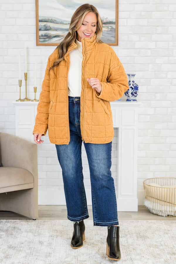 Chic Soul plus size clothing, taupe brown long sleeve quilted zip up jacket with collar detail and side pockets with silver hardware