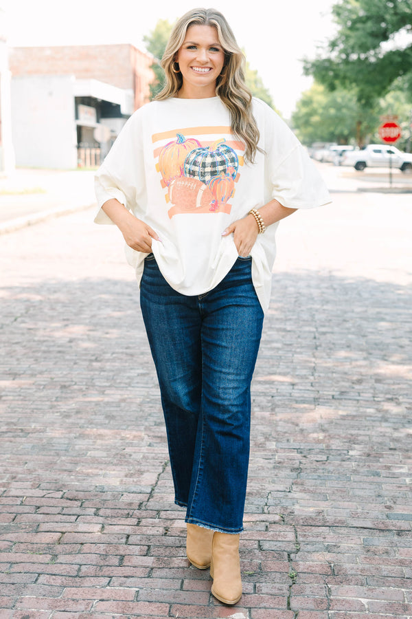 Plus Size ivory oversized boyfriend tee with a fall pumpkin and football graphic