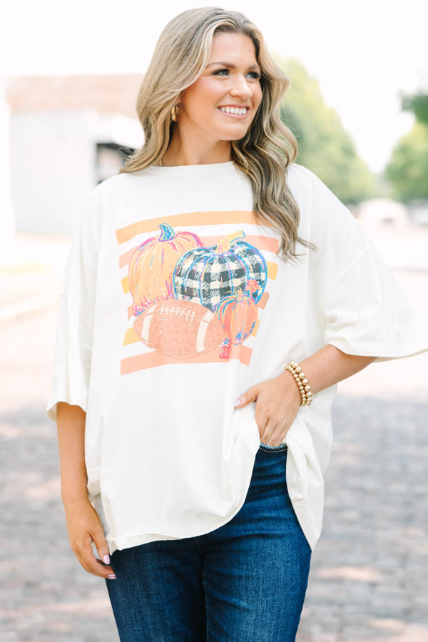 Plus Size ivory oversized boyfriend tee with a fall pumpkin and football graphic