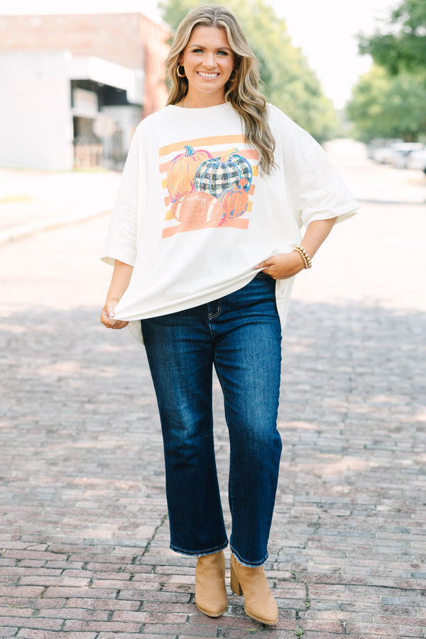 Plus Size ivory oversized boyfriend tee with a fall pumpkin and football graphic