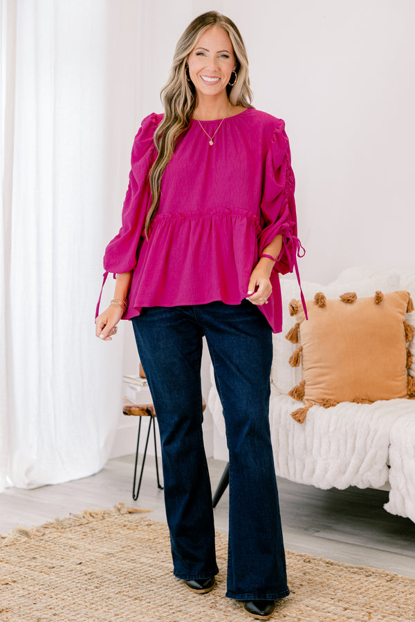 Chic Soul plus size clothing, magenta babydoll top with long sleeves 