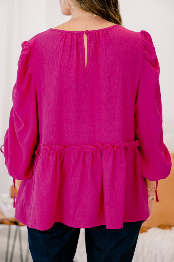 Chic Soul plus size clothing, magenta babydoll top with long sleeves 