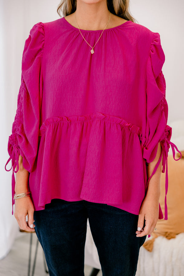 Chic Soul plus size clothing, magenta babydoll top with long sleeves 
