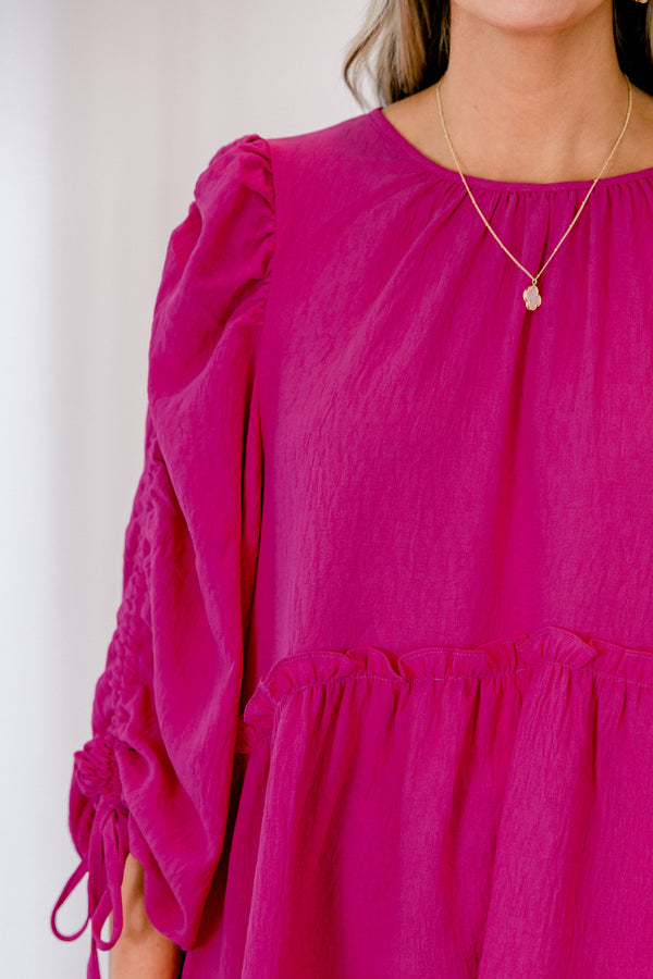 Chic Soul plus size clothing, magenta babydoll top with long sleeves 