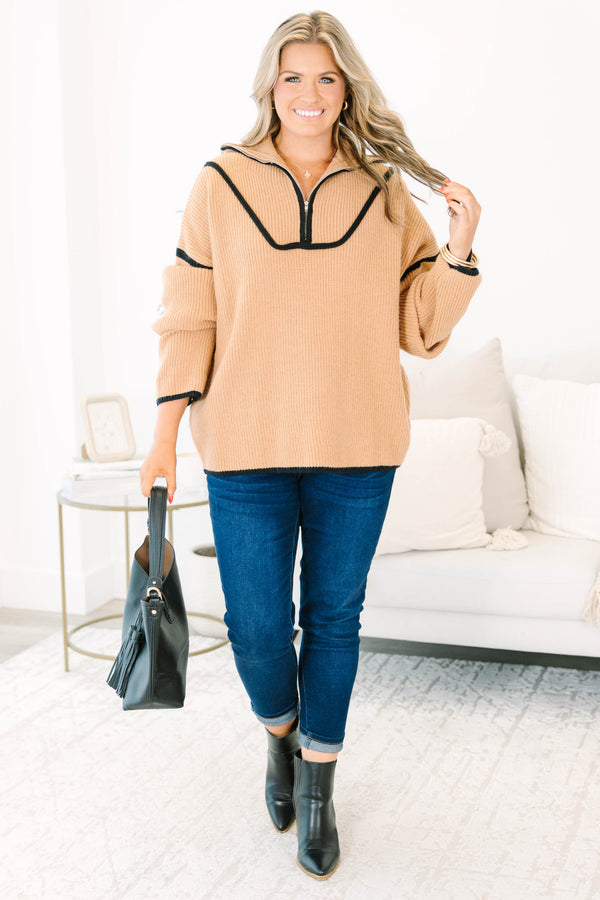 Chic Soul Plus size Clothing, taupe long sleeve sweater pullover with a zipper and black stitching details on the sleeves and neckline 