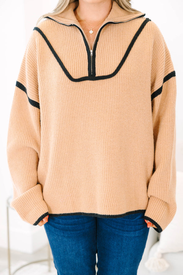 Chic Soul Plus size Clothing, taupe long sleeve sweater pullover with a zipper and black stitching details on the sleeves and neckline 