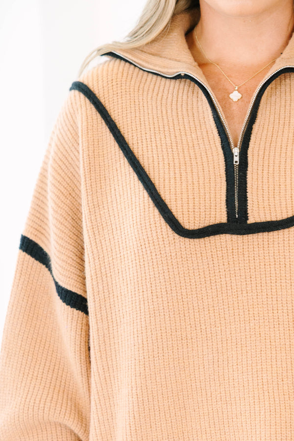 Chic Soul Plus size Clothing, taupe long sleeve sweater pullover with a zipper and black stitching details on the sleeves and neckline 